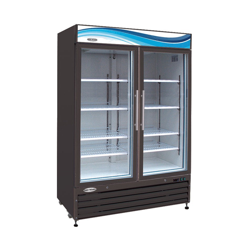 Two (2) Glass Door Merchandiser Refrigerator, Black Cabinet