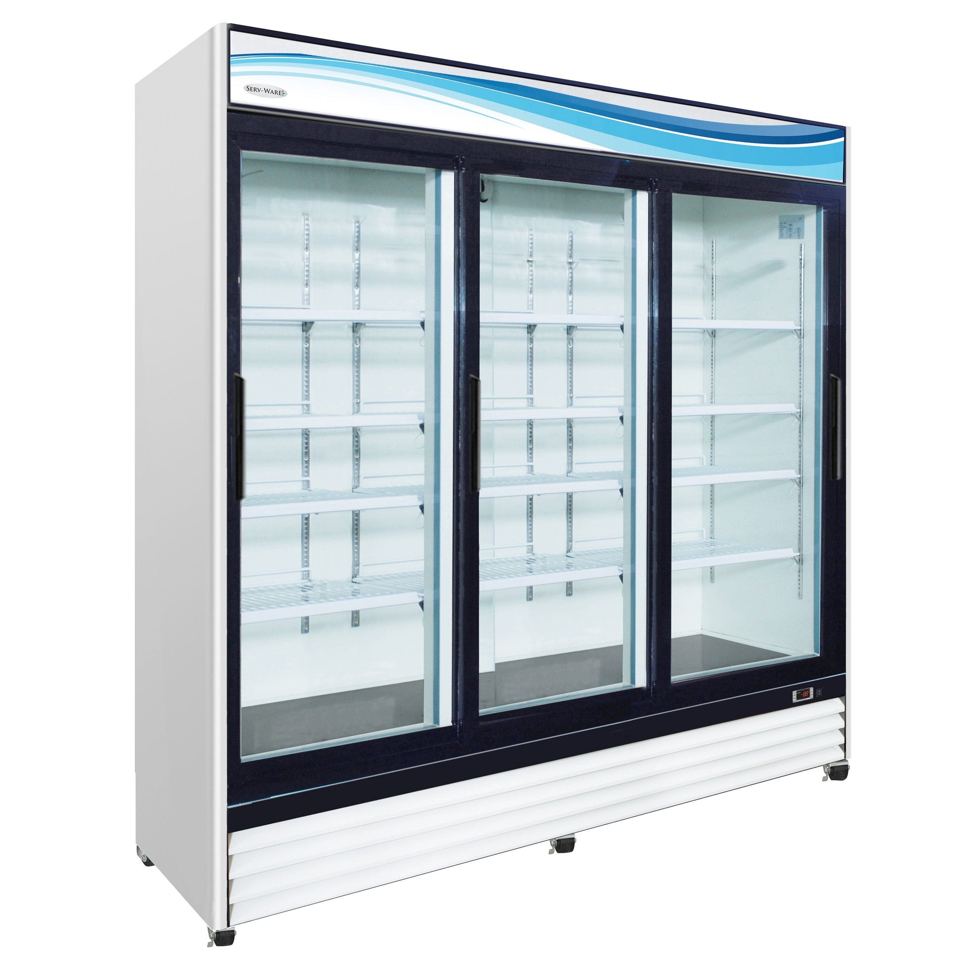 Three (3) Sliding Glass Door Merchandiser Refrigerator, White Cabinet